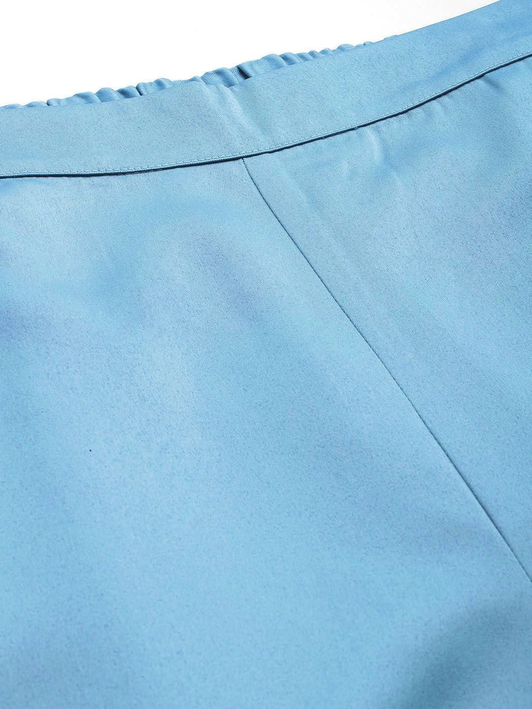 Chic Blue Plus Size Satin Wide-Leg Trousers with Button Detail
