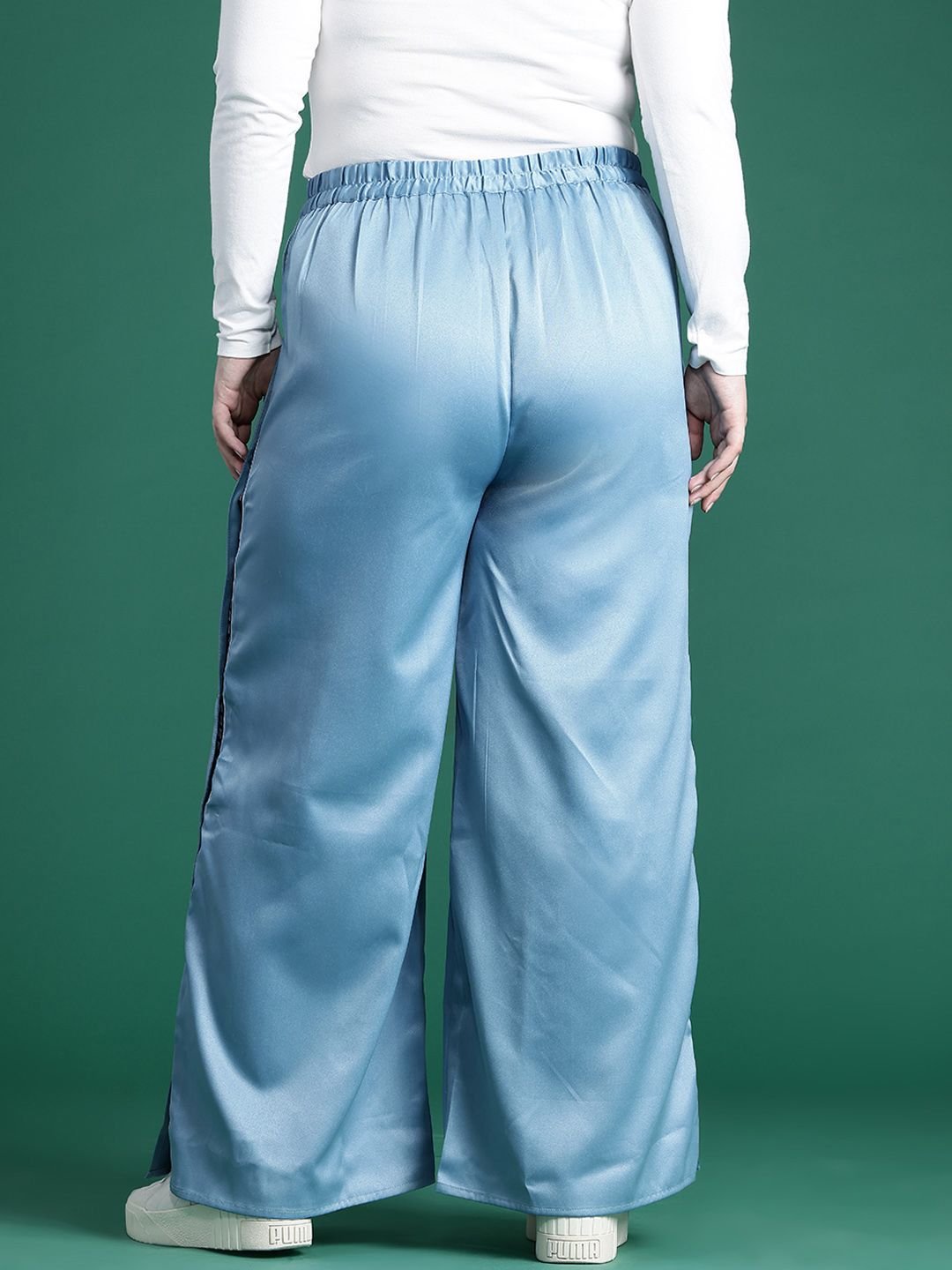 Chic Blue Plus Size Satin Wide-Leg Trousers with Button Detail