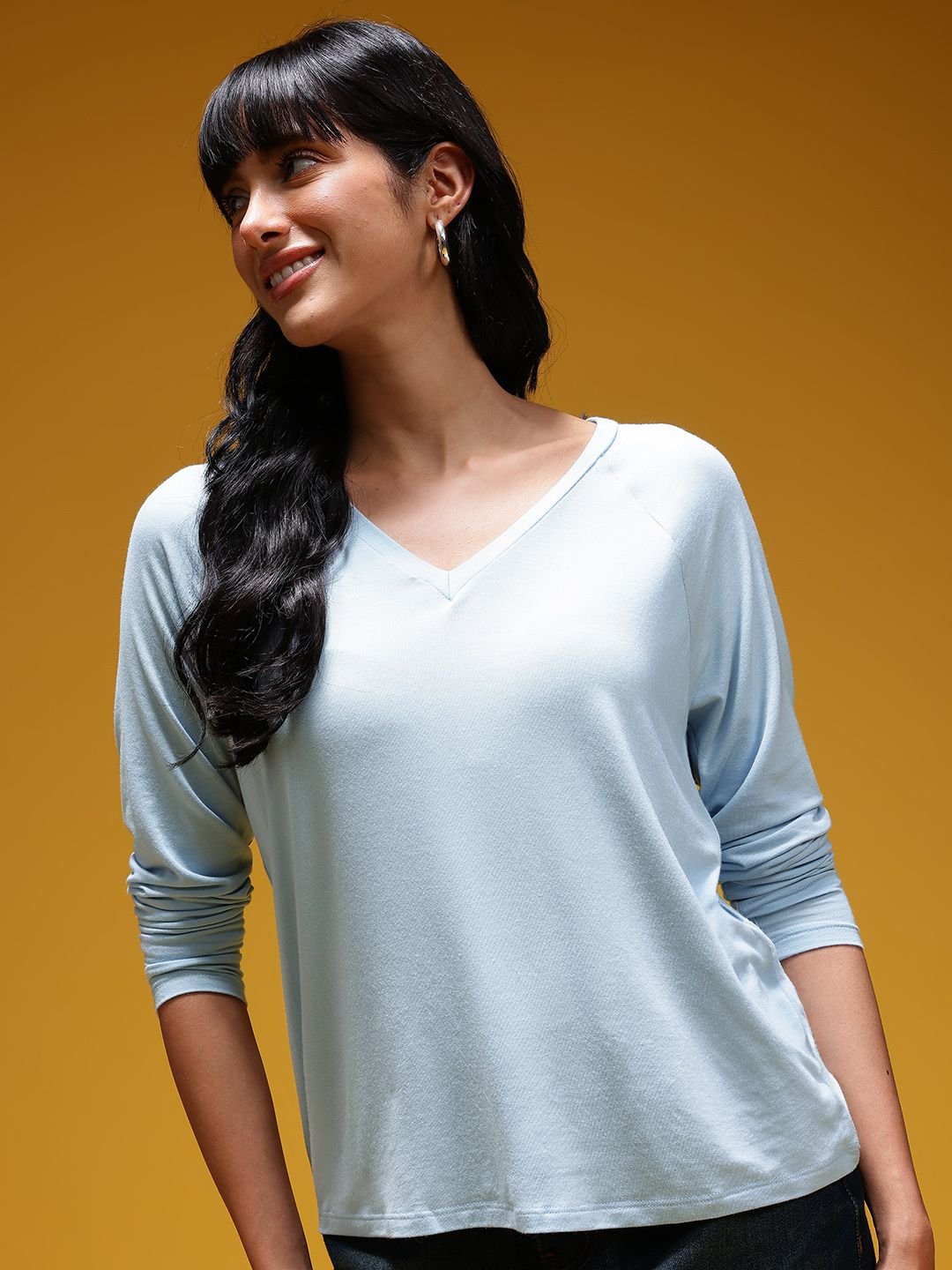 Modest Blue V-Neck Long Sleeve Top