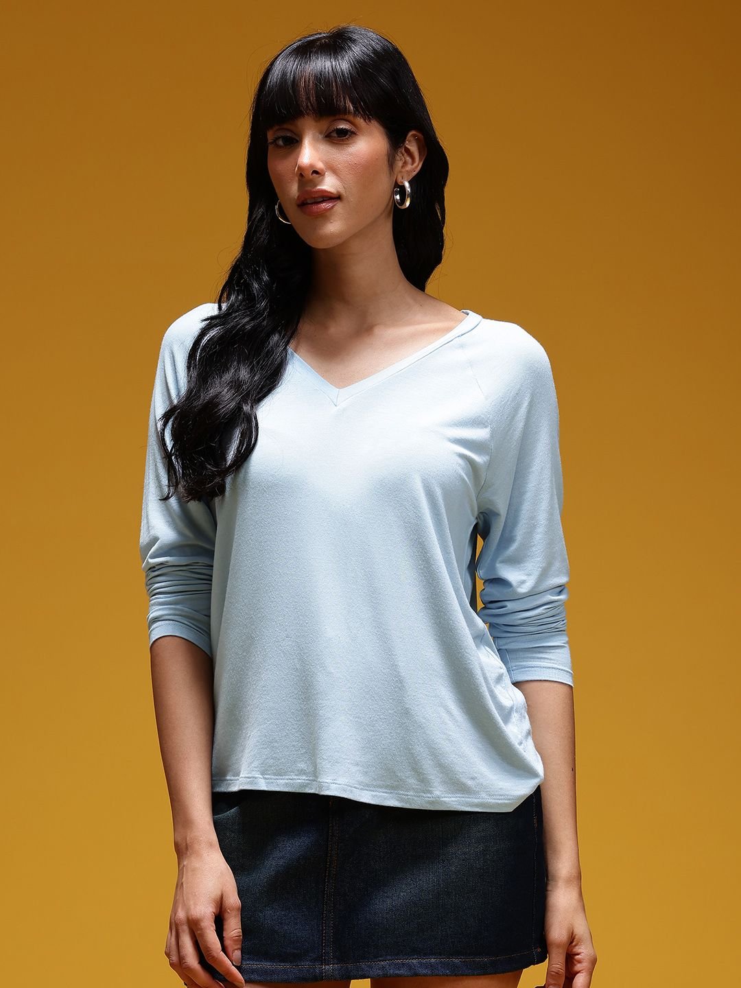Modest Blue V-Neck Long Sleeve Top