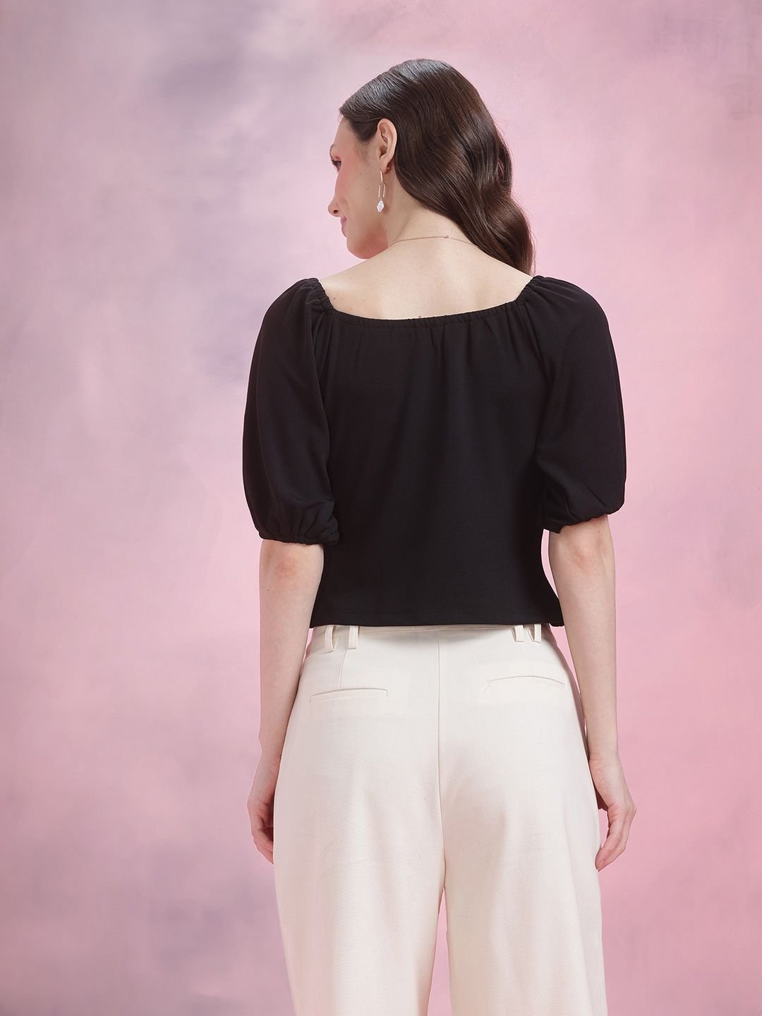 Black Short Sleeve Sweetheart Neck Crop Top