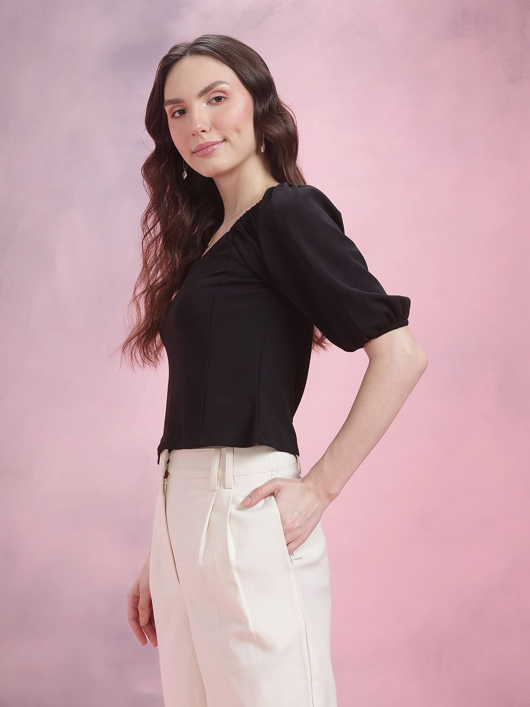 Black Short Sleeve Sweetheart Neck Crop Top
