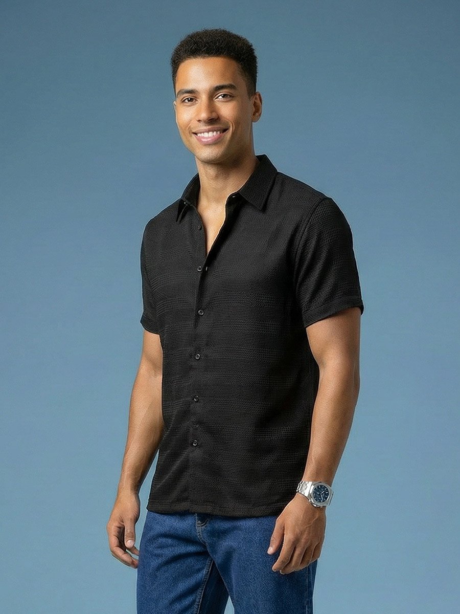 Black Texture Short Sleeves Regular Shirt
