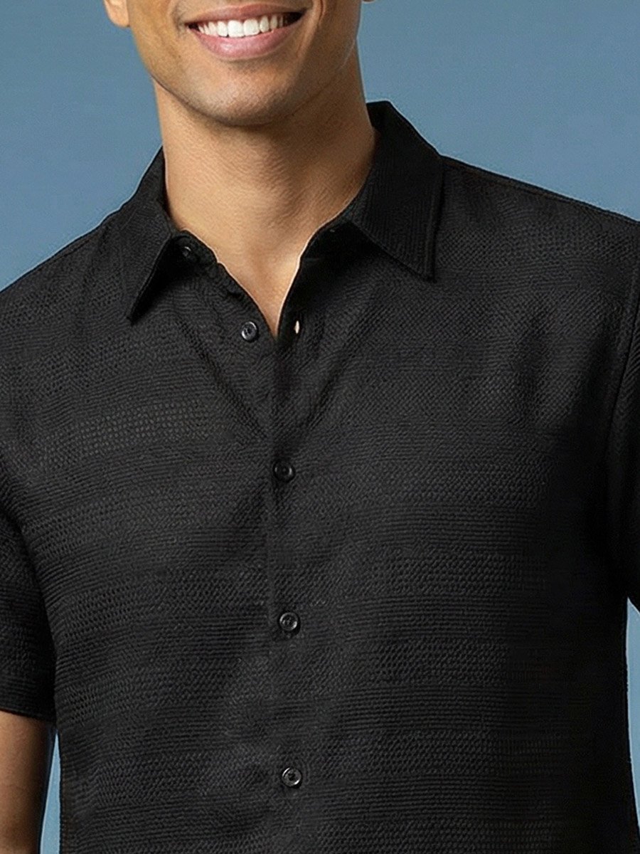 Black Texture Short Sleeves Regular Shirt