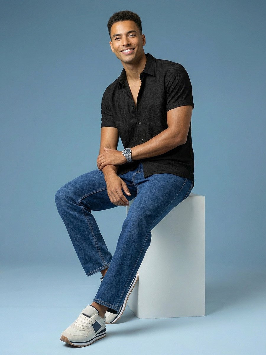 Black Texture Short Sleeves Regular Shirt