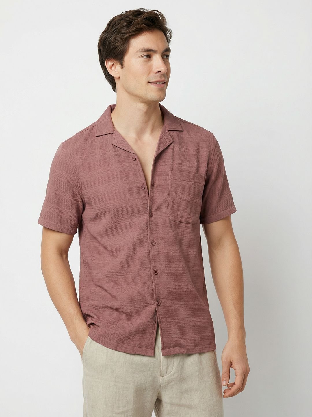 Men Self Design Cuban Collar Casual Shirt