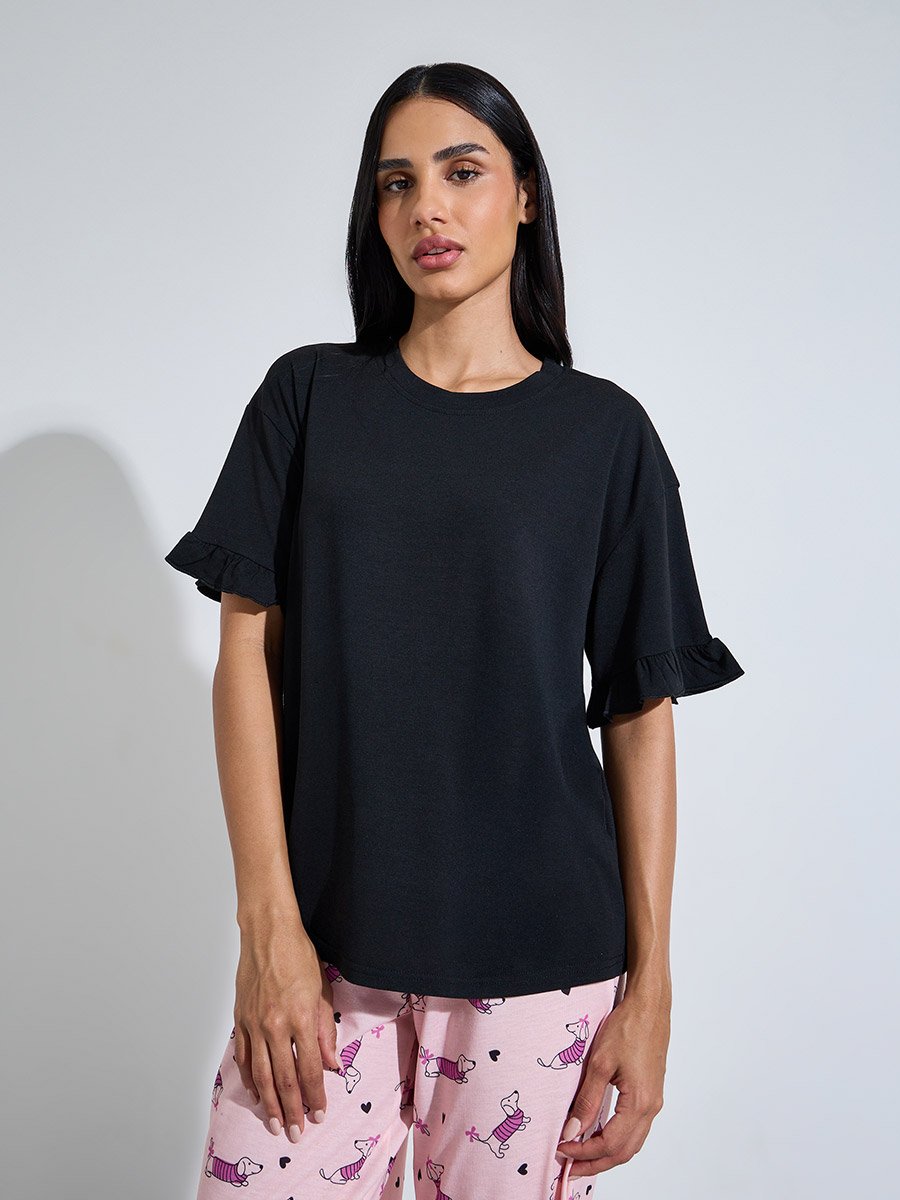 Multi-Color Solid Ruffle Sleeves T-Shirt and All Over Dog Print Pants Pyjama Set