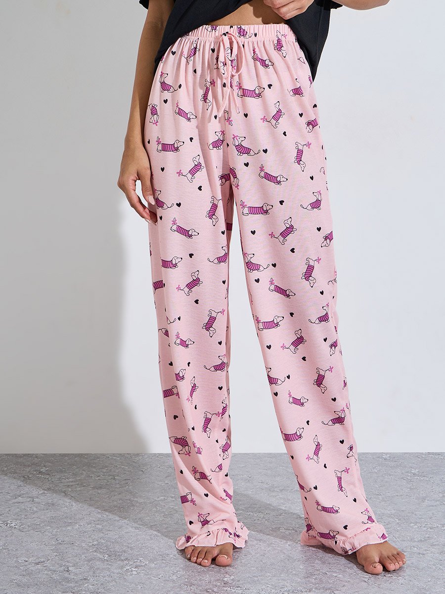 Multi-Color Solid Ruffle Sleeves T-Shirt and All Over Dog Print Pants Pyjama Set