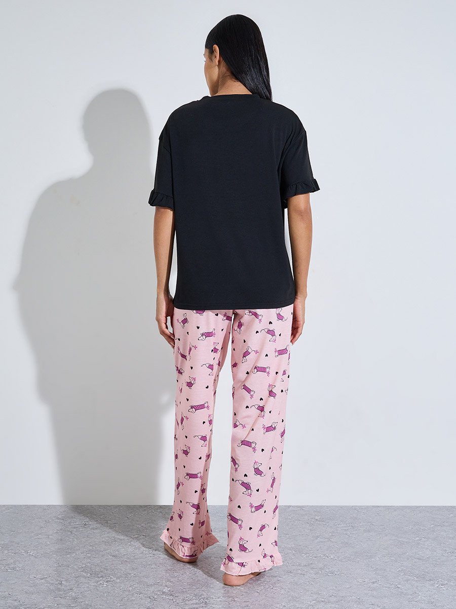 Multi-Color Solid Ruffle Sleeves T-Shirt and All Over Dog Print Pants Pyjama Set