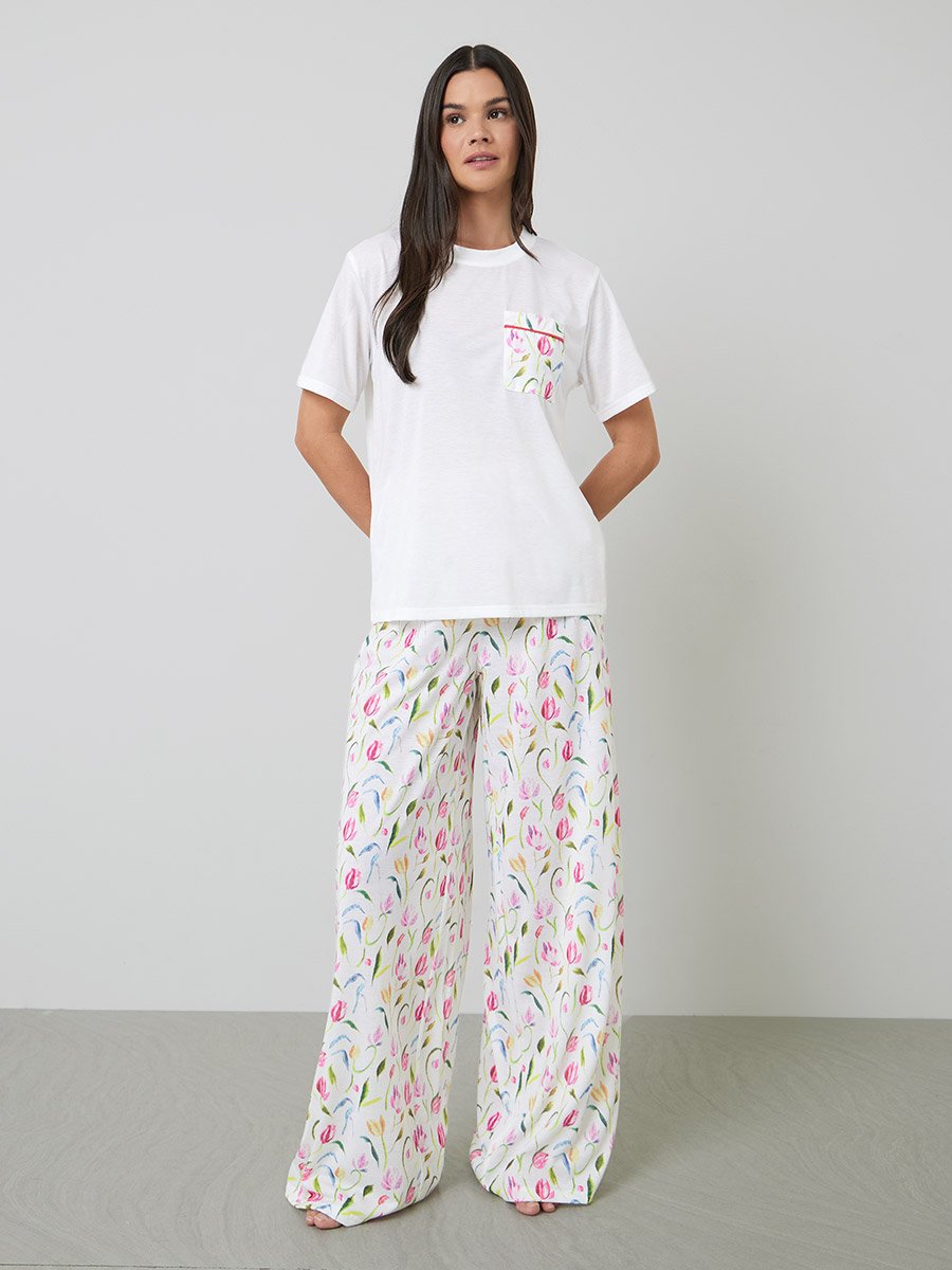White Tulip Pocket Print T-Shirt and Wide Leg Pyjama Set