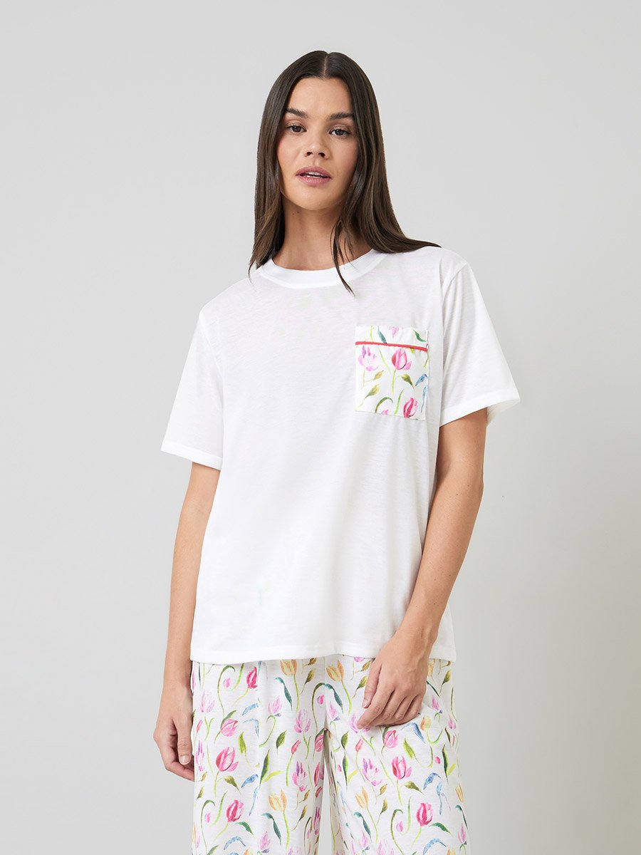 White Tulip Pocket Print T-Shirt and Wide Leg Pyjama Set