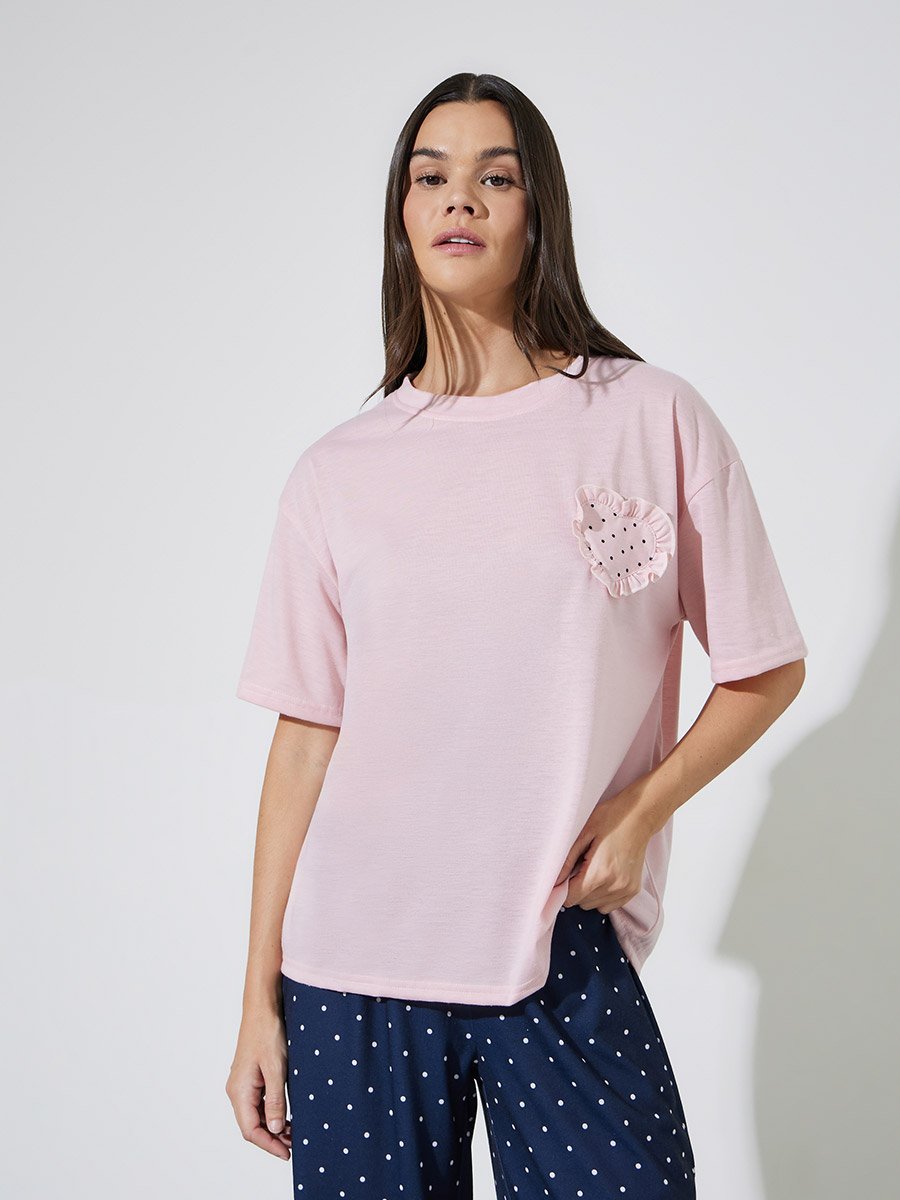 Heart Ruffle Edge Drop Shoulder T-Shirt and Polka Dot Straight Pyjama Sey Set 