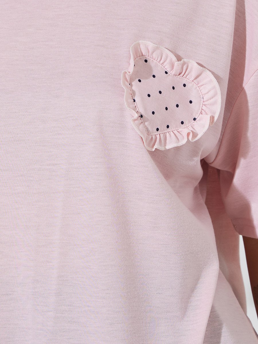 Heart Ruffle Edge Drop Shoulder T-Shirt and Polka Dot Straight Pyjama Sey Set 