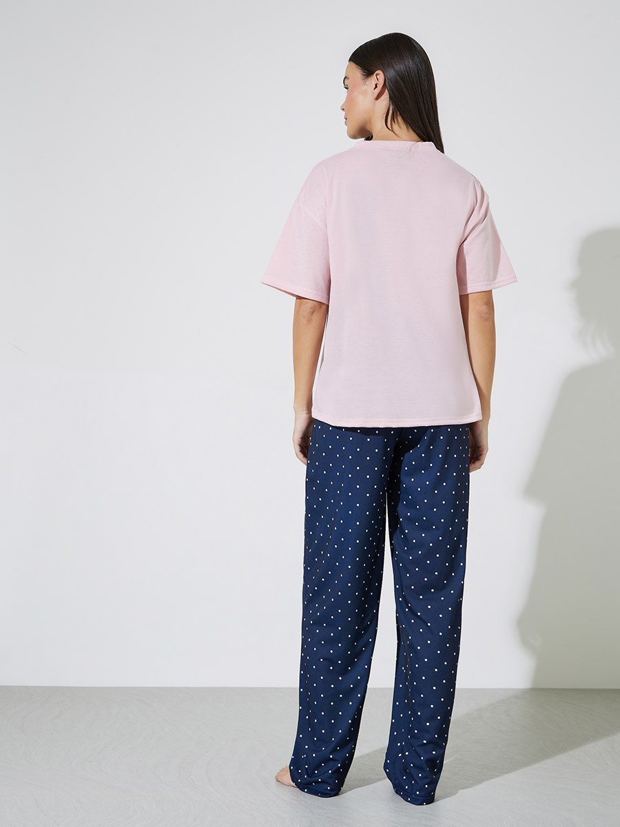 Heart Ruffle Edge Drop Shoulder T-Shirt and Polka Dot Straight Pyjama Sey Set 