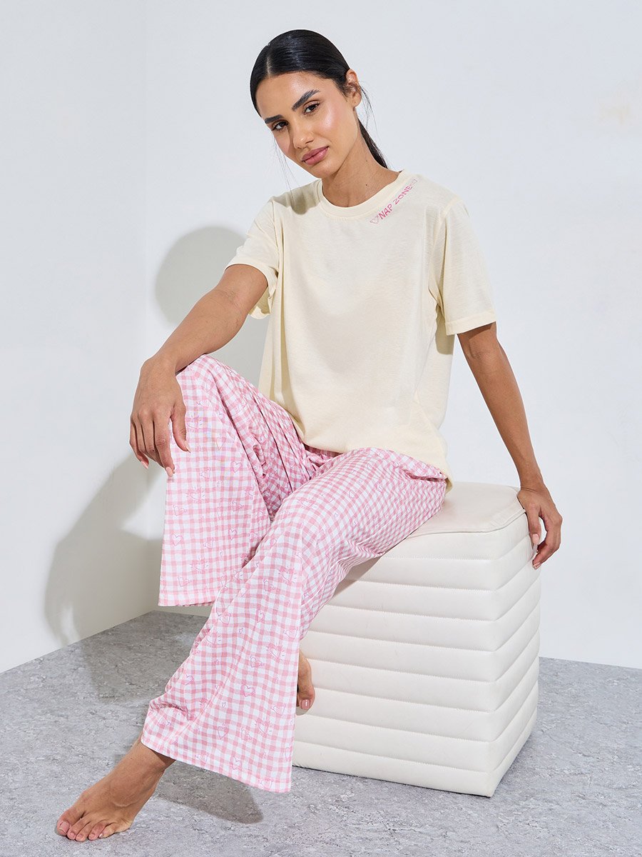 Multi-Color Slogan Print T-Shirt and Checked Pants Pyjama Set
