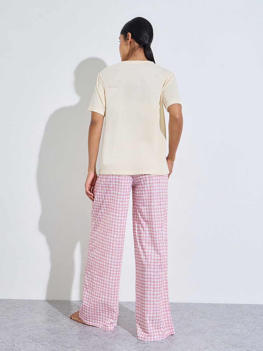 Multi-Color Slogan Print T-Shirt and Checked Pants Pyjama Set