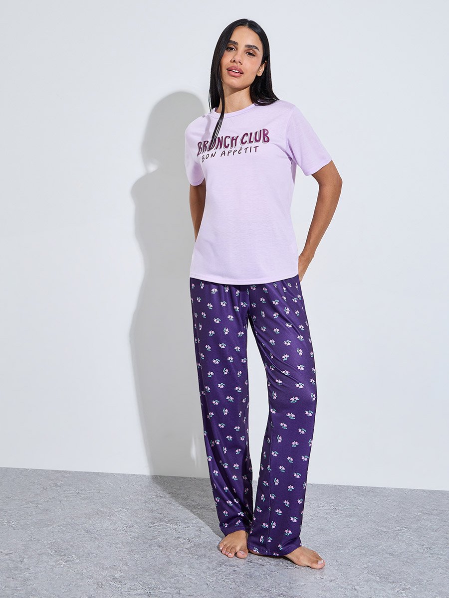 Multi-Color Slogan Print T-Shirt and All Over Floral Print Pants Pyjama Set