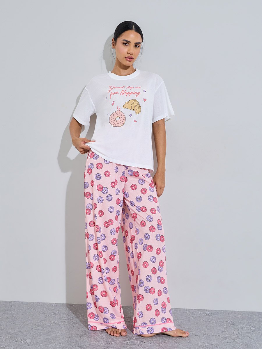 Multi-Color Graphic Print T-Shirt and Wide Leg Pants Pyjama Set