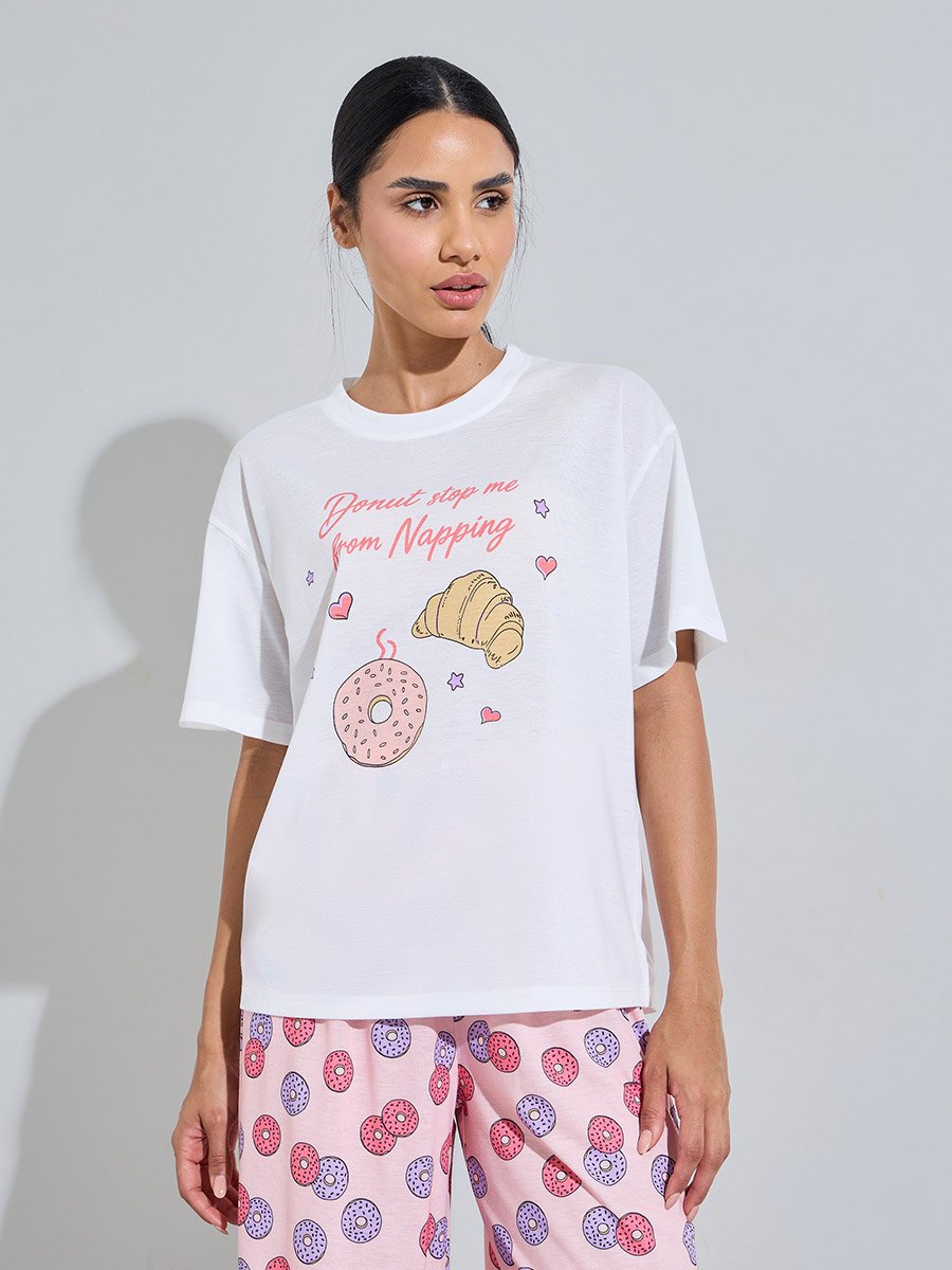 Multi-Color Graphic Print T-Shirt and Wide Leg Pants Pyjama Set