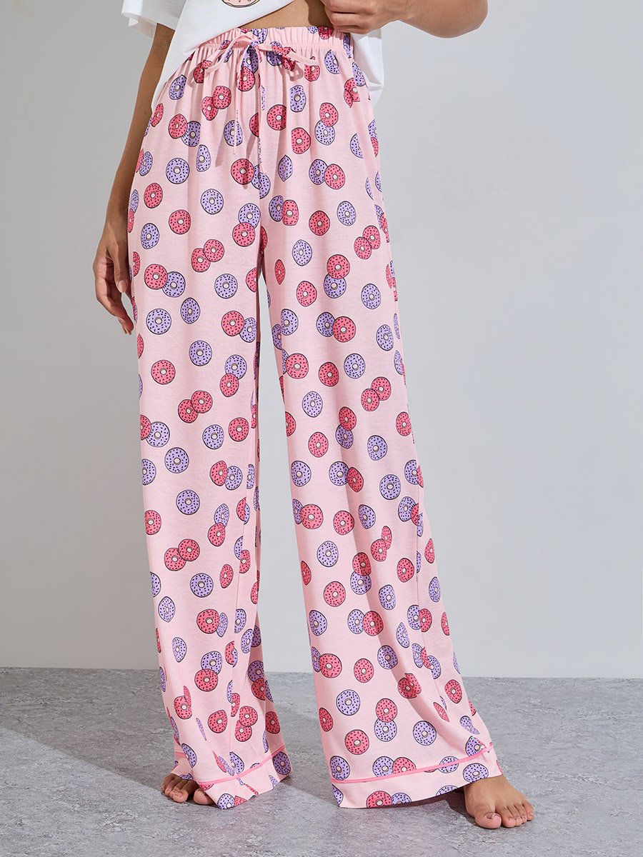 Multi-Color Graphic Print T-Shirt and Wide Leg Pants Pyjama Set