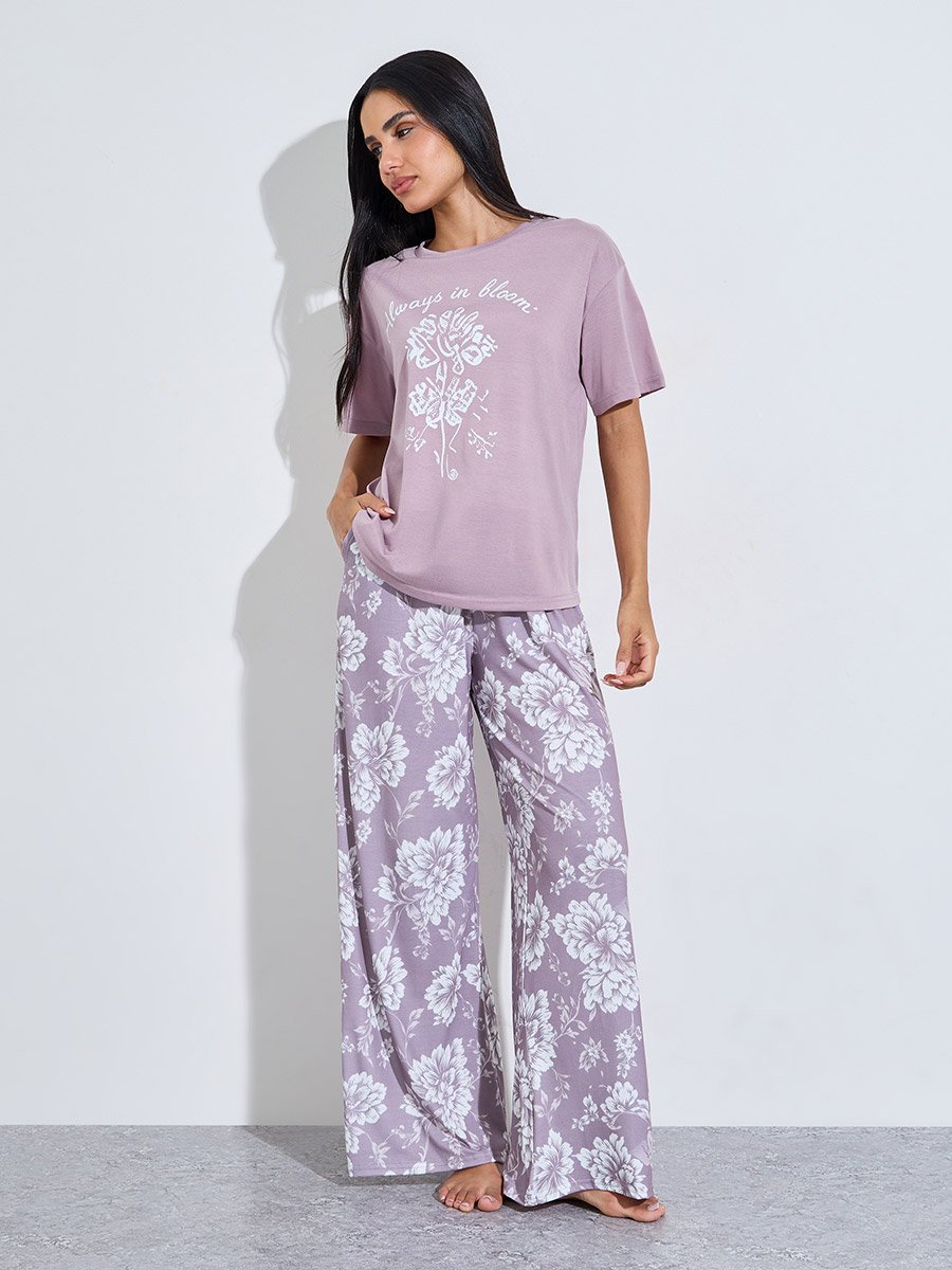 Lilac Floral Print T-Shirt and Wide Leg Pants Pyjama Set