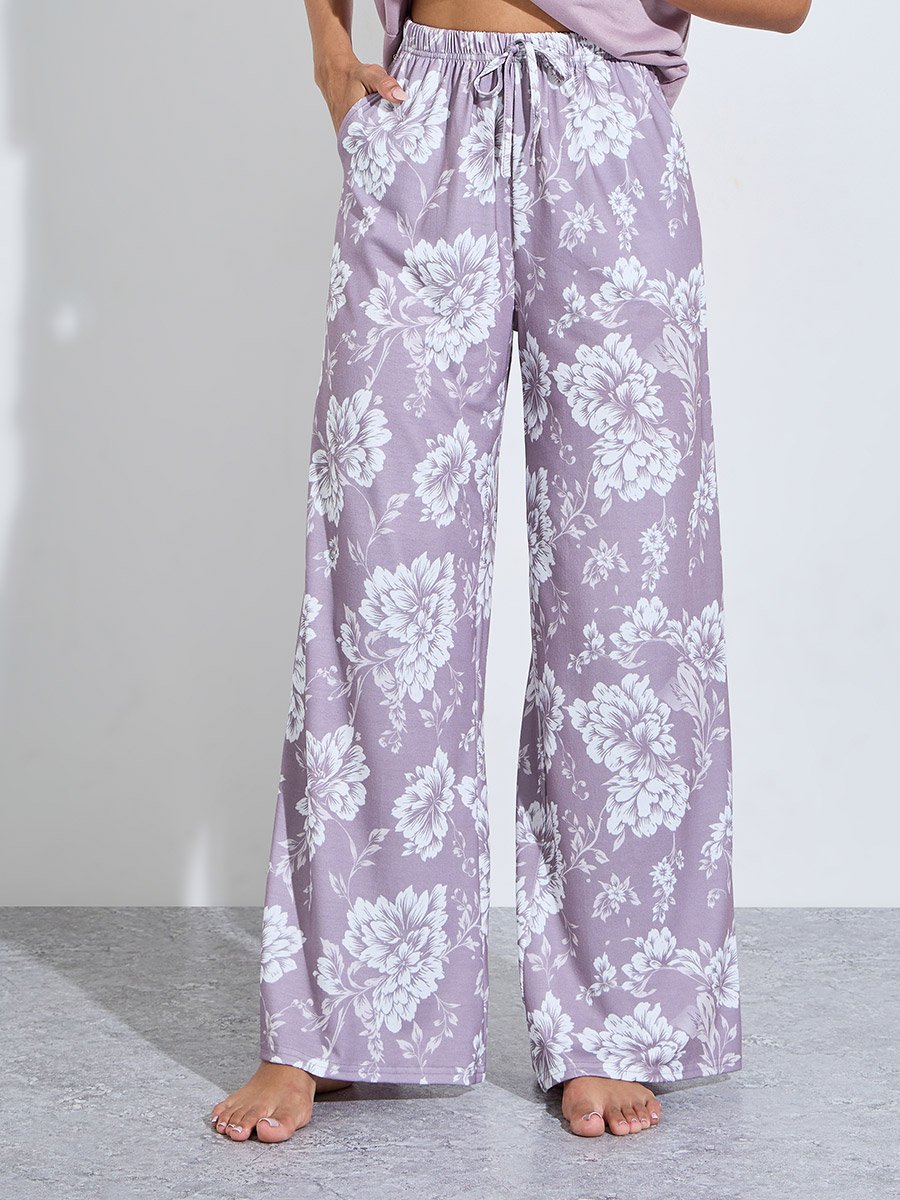 Lilac Floral Print T-Shirt and Wide Leg Pants Pyjama Set