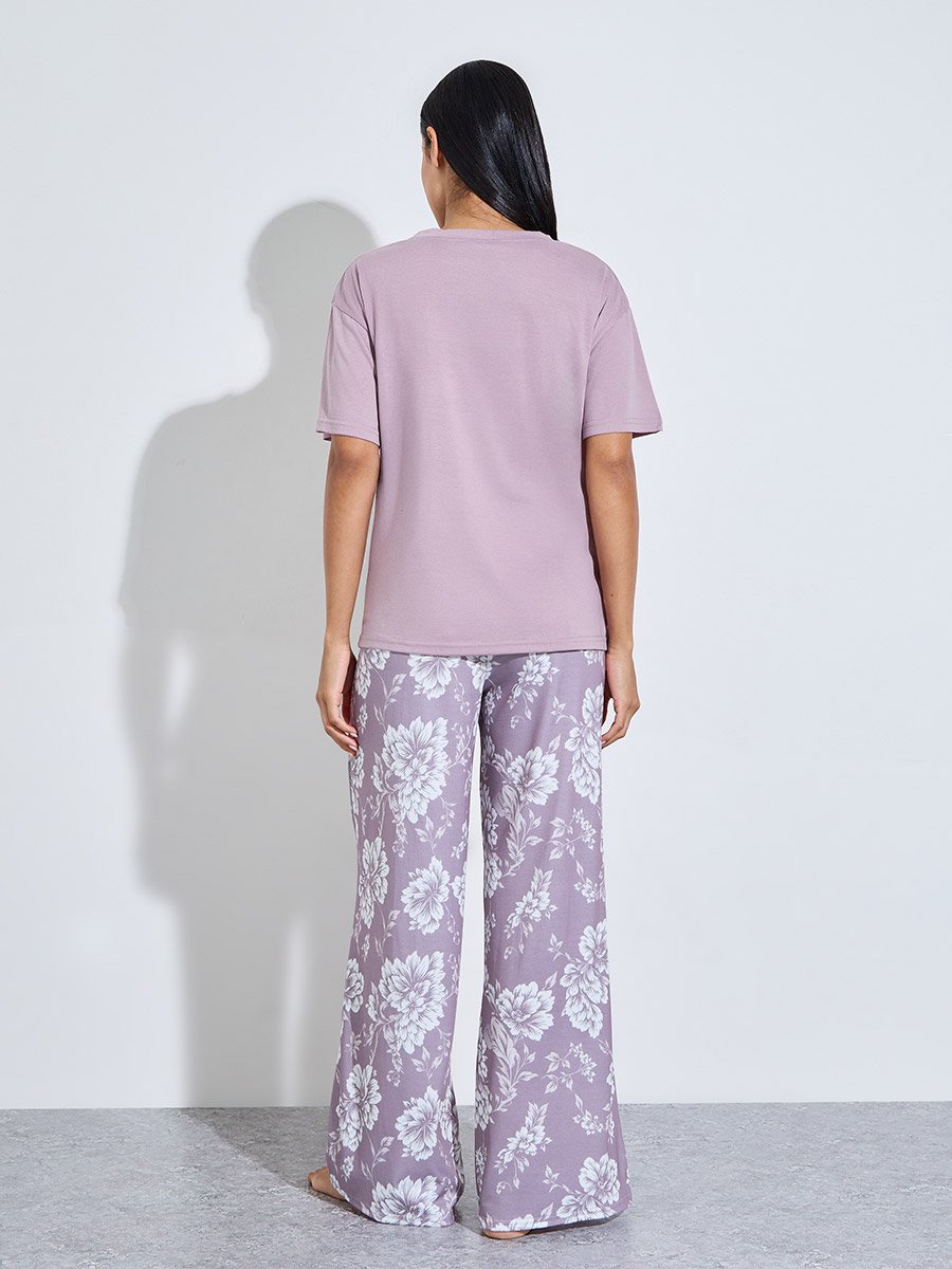 Lilac Floral Print T-Shirt and Wide Leg Pants Pyjama Set
