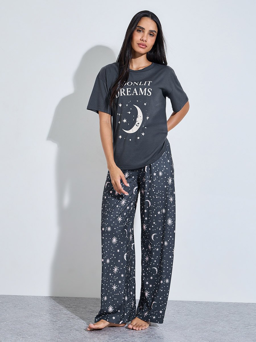 Charcoal Moon and Star Print T-Shirt and Wide Leg Pants Pyjama Set