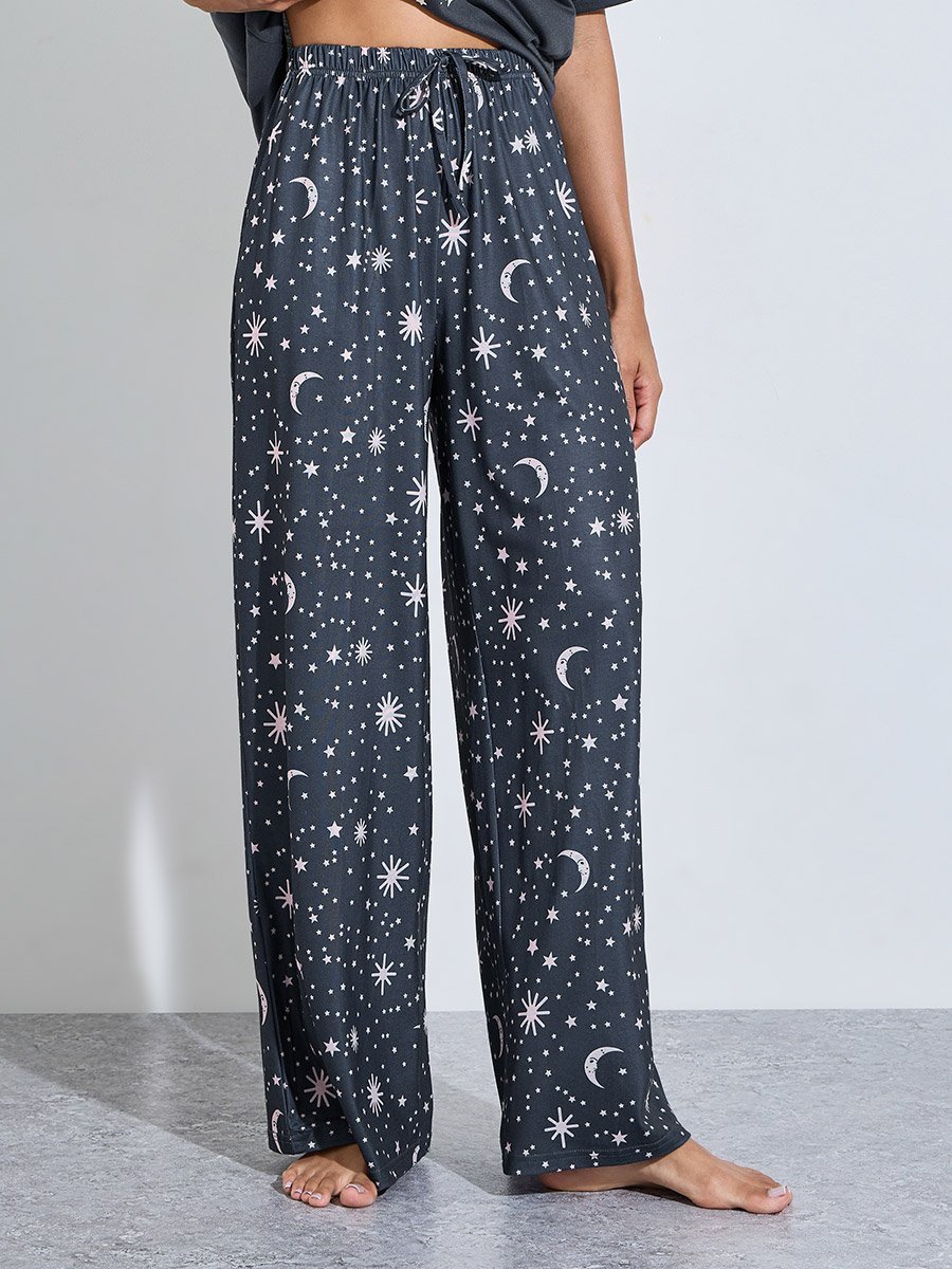 Charcoal Moon and Star Print T-Shirt and Wide Leg Pants Pyjama Set