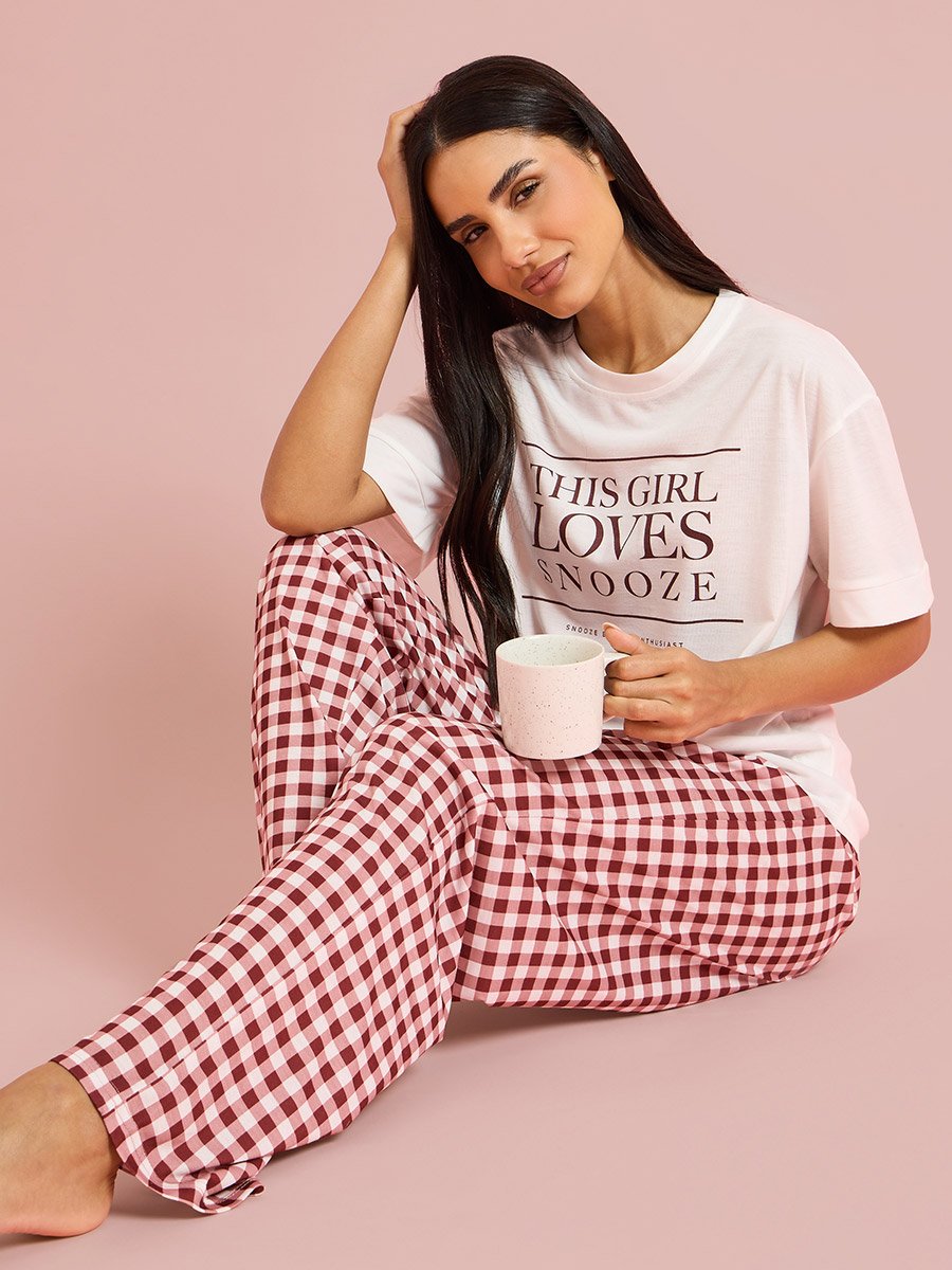 Multi-Color Slogan Print T-Shirt and Checked Straight Fit Pants Pyjama Set