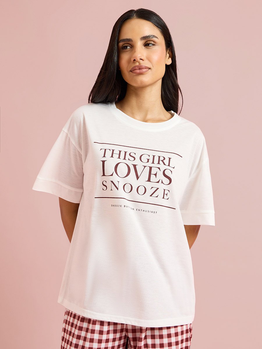 Multi-Color Slogan Print T-Shirt and Checked Straight Fit Pants Pyjama Set