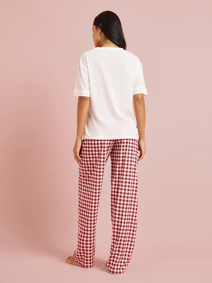 Multi-Color Slogan Print T-Shirt and Checked Straight Fit Pants Pyjama Set