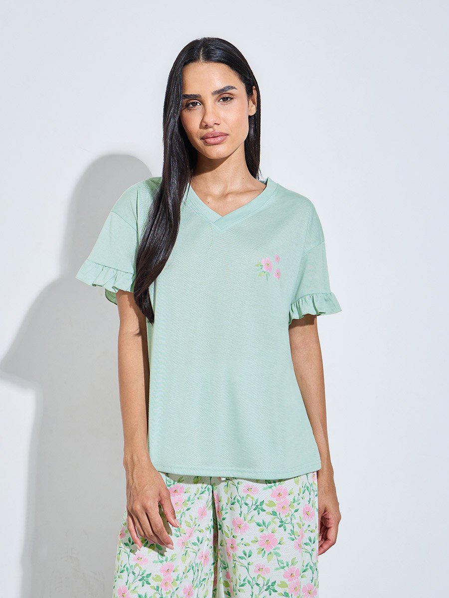 Green Floral Print Ruffle Sleeves T-Shirt and All Over Print Pants Pyjama Set