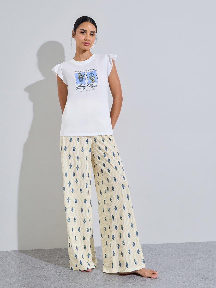 Multi-Color Printed Ruffle Details Tank and All Over Print Pants Pyjama Set