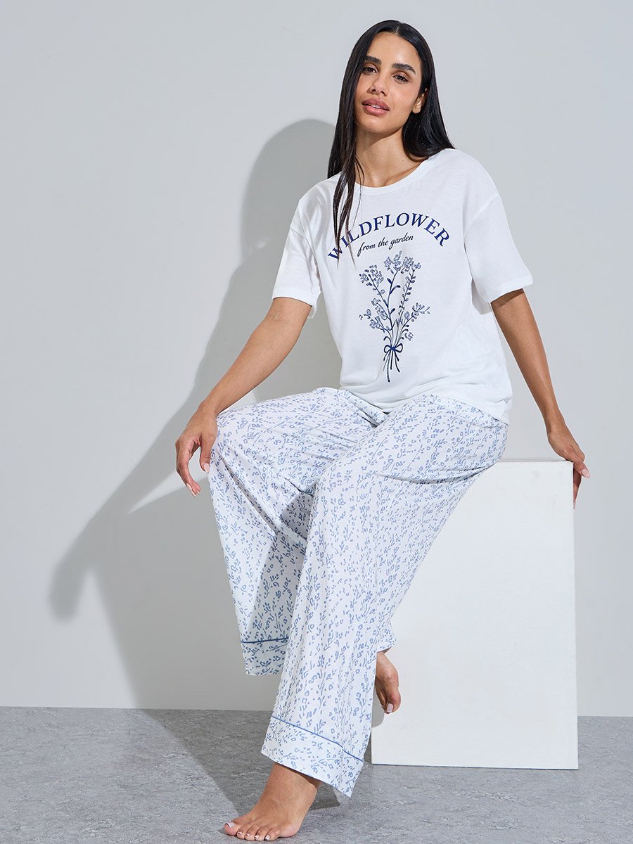 White Floral Print T-Shirt and Wide Leg Pants Pyjama Set