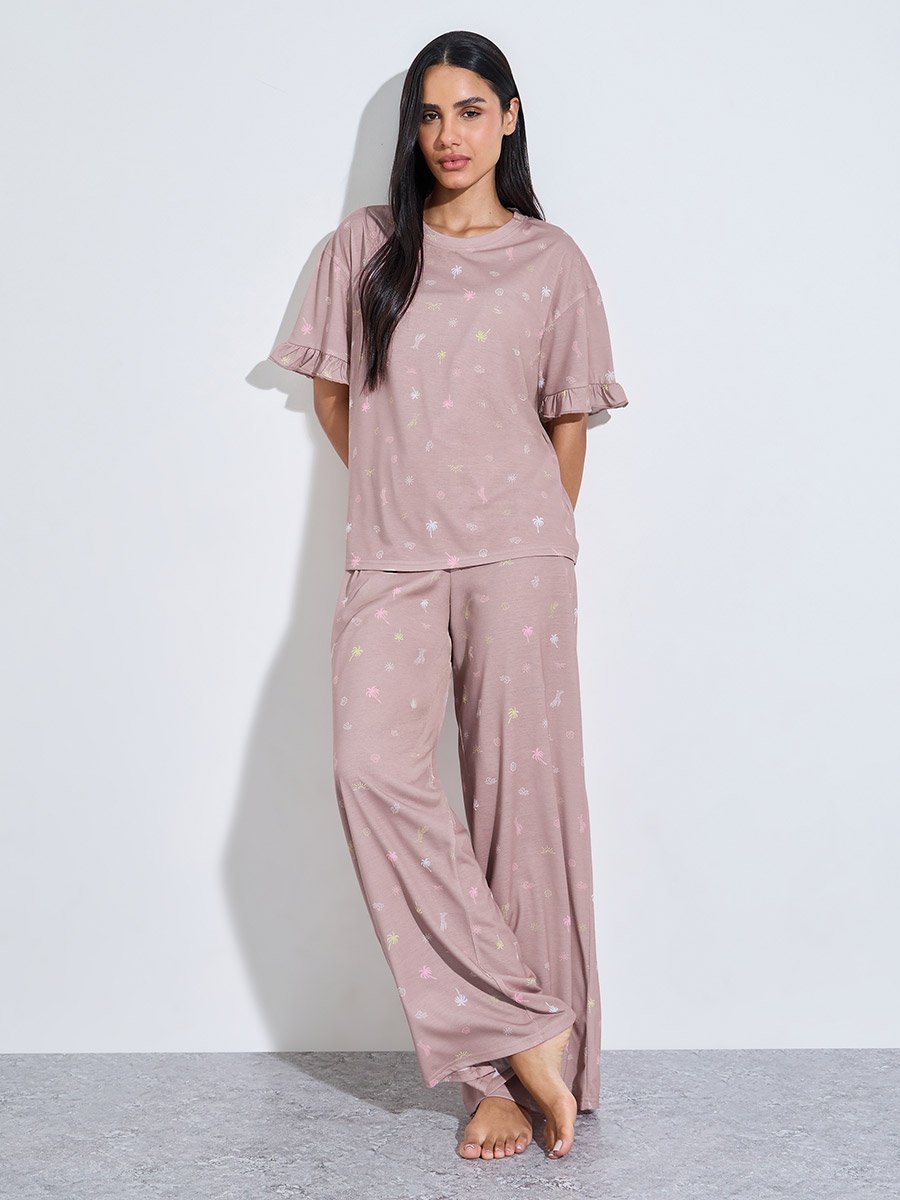 Pink All Over Print Ruffle Short Sleeves T-Shirt and Wide Leg Pants Pyjama Set