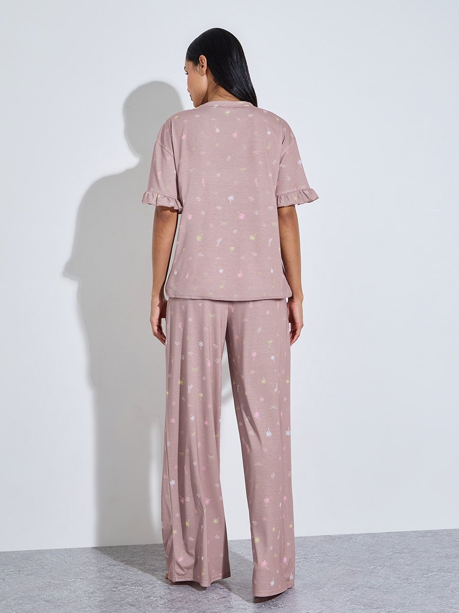 Pink All Over Print Ruffle Short Sleeves T-Shirt and Wide Leg Pants Pyjama Set