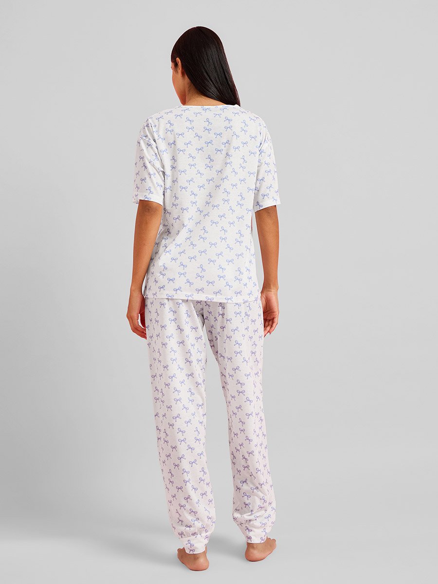 Multi-Color All Over Bow Print T-Shirt and Pants Pyjama Set