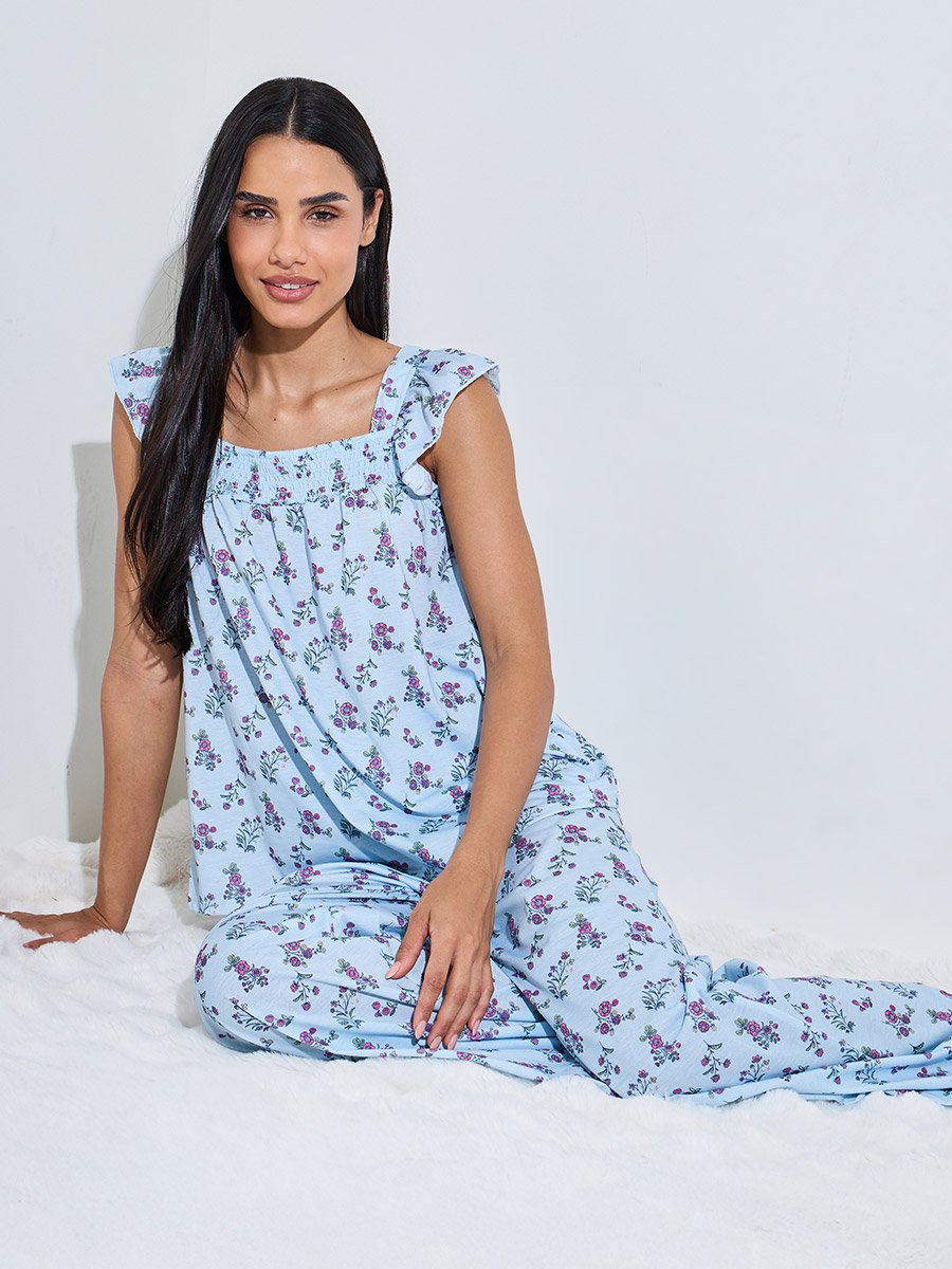Blue All Over Floral Print Smoked Tank Top and Wide Leg Pants Pyjama Set
