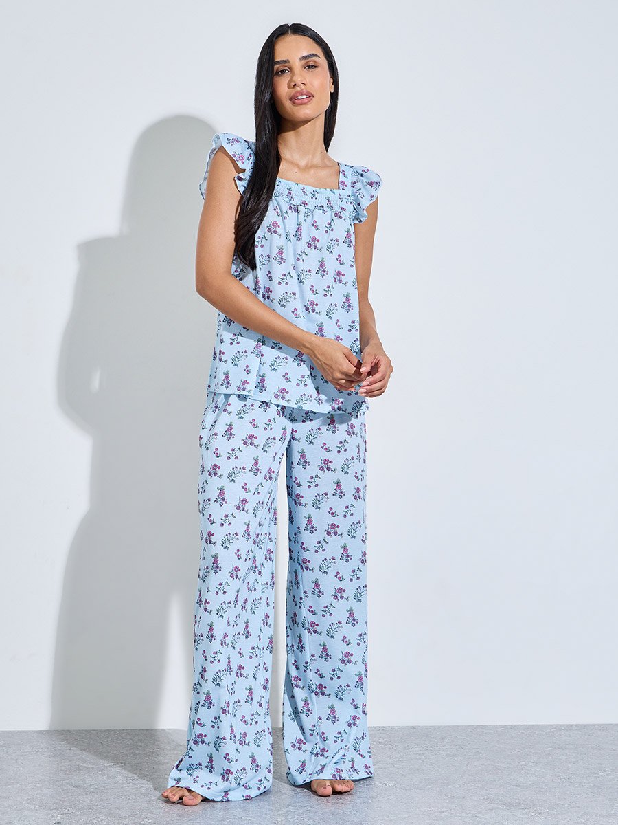 Blue All Over Floral Print Smoked Tank Top and Wide Leg Pants Pyjama Set