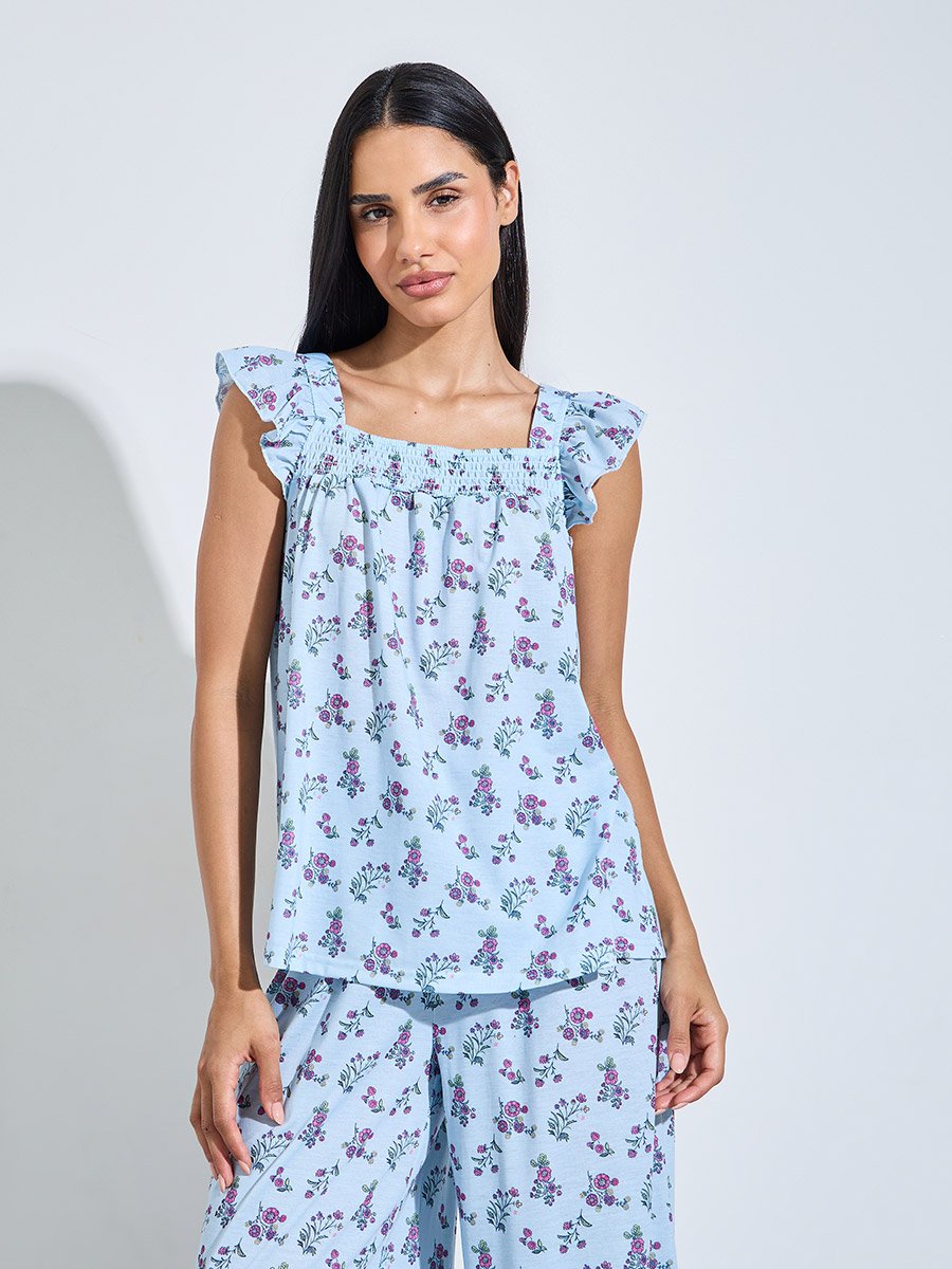 Blue All Over Floral Print Smoked Tank Top and Wide Leg Pants Pyjama Set