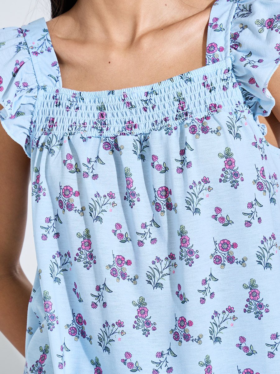 Blue All Over Floral Print Smoked Tank Top and Wide Leg Pants Pyjama Set