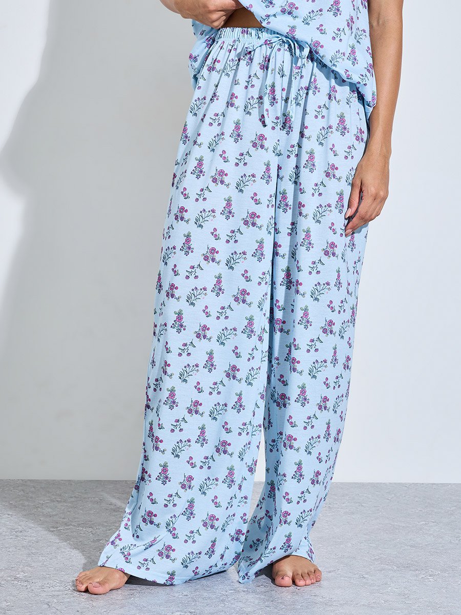 Blue All Over Floral Print Smoked Tank Top and Wide Leg Pants Pyjama Set