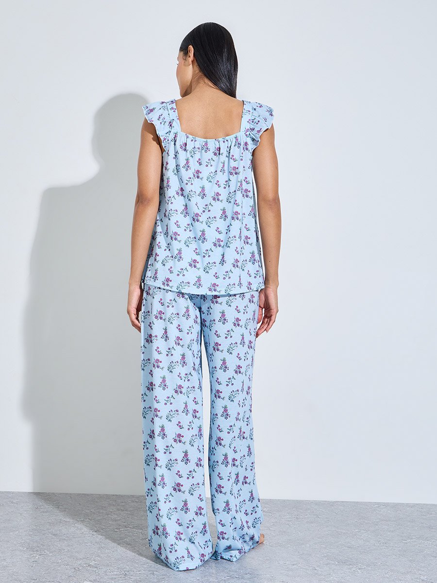 Blue All Over Floral Print Smoked Tank Top and Wide Leg Pants Pyjama Set