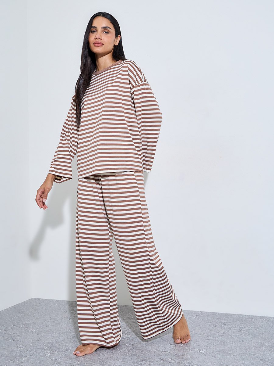 Brown Striped Long Sleeves T-Shirt and Wide Leg Pants Pyjama Set