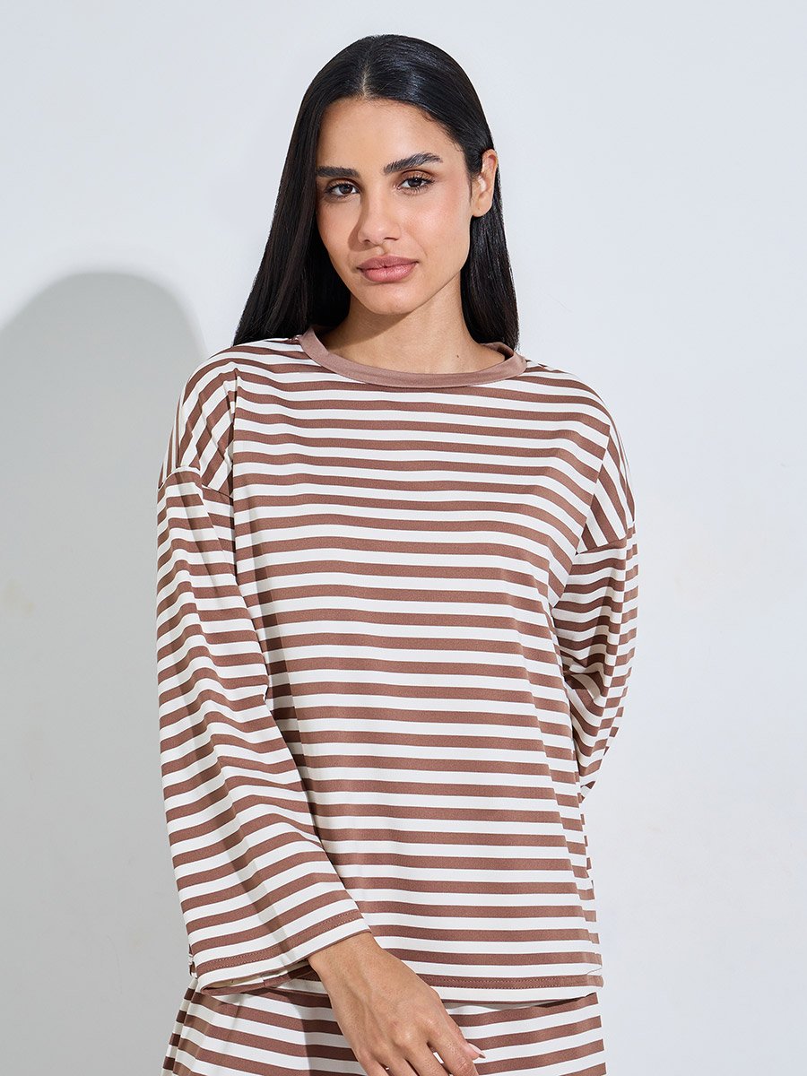 Brown Striped Long Sleeves T-Shirt and Wide Leg Pants Pyjama Set