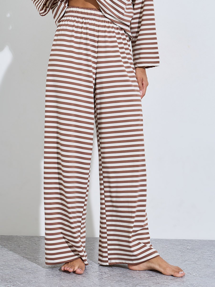 Brown Striped Long Sleeves T-Shirt and Wide Leg Pants Pyjama Set