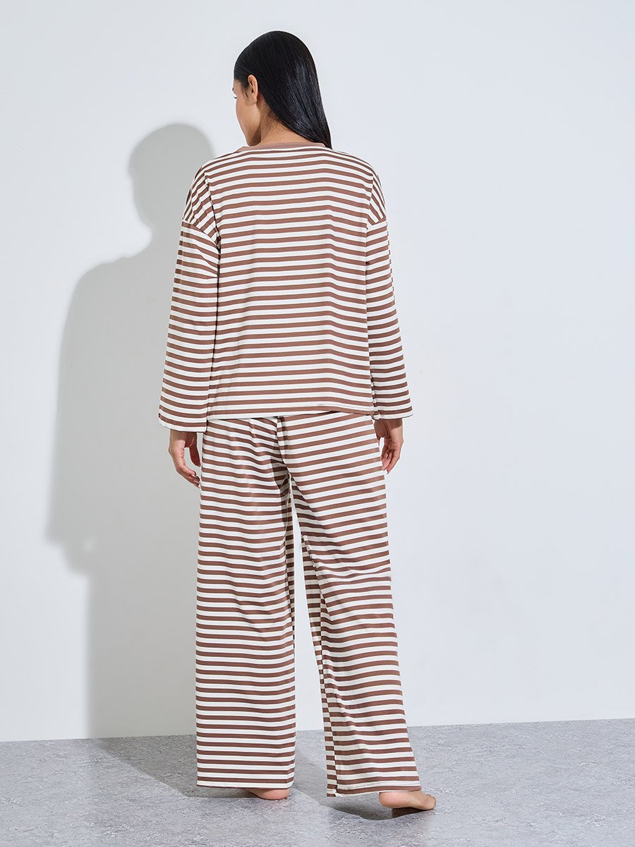 Brown Striped Long Sleeves T-Shirt and Wide Leg Pants Pyjama Set