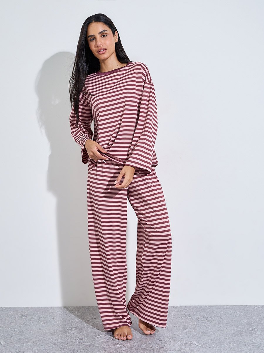 Burgundy Striped Long Sleeves T-Shirt and Wide Leg Pants Pyjama Set