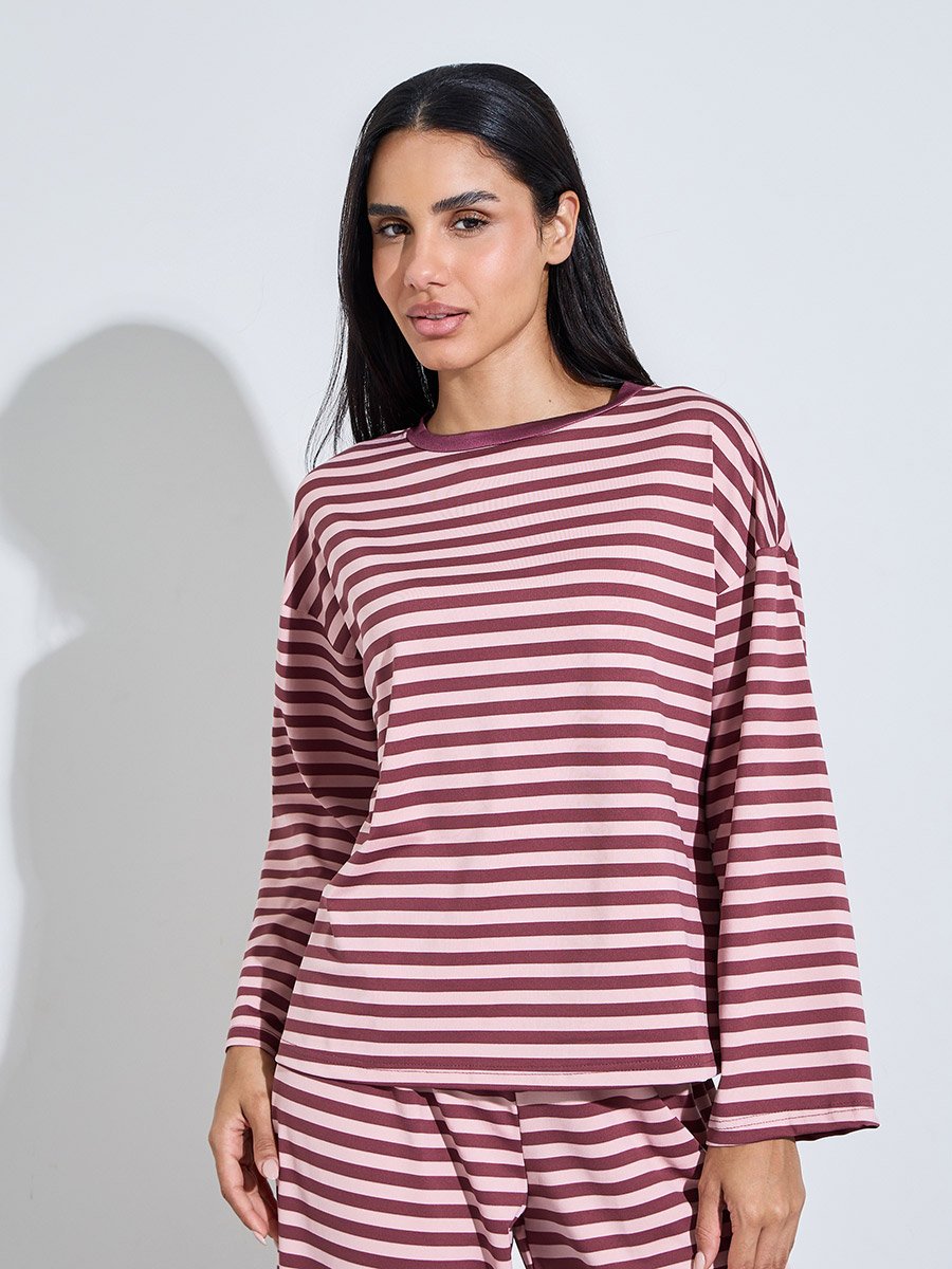 Burgundy Striped Long Sleeves T-Shirt and Wide Leg Pants Pyjama Set